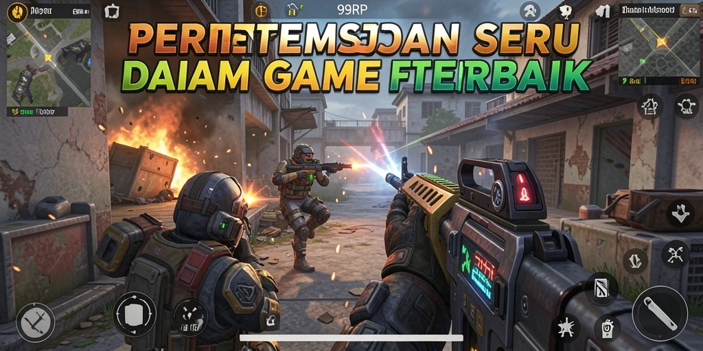 Tangkapan layar utama 99RP menampilkan aksi menembak yang intens.