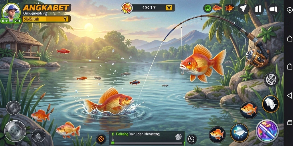 Tampilan gameplay ANGKABET yang menawan dan penuh aksi memancing ikan.