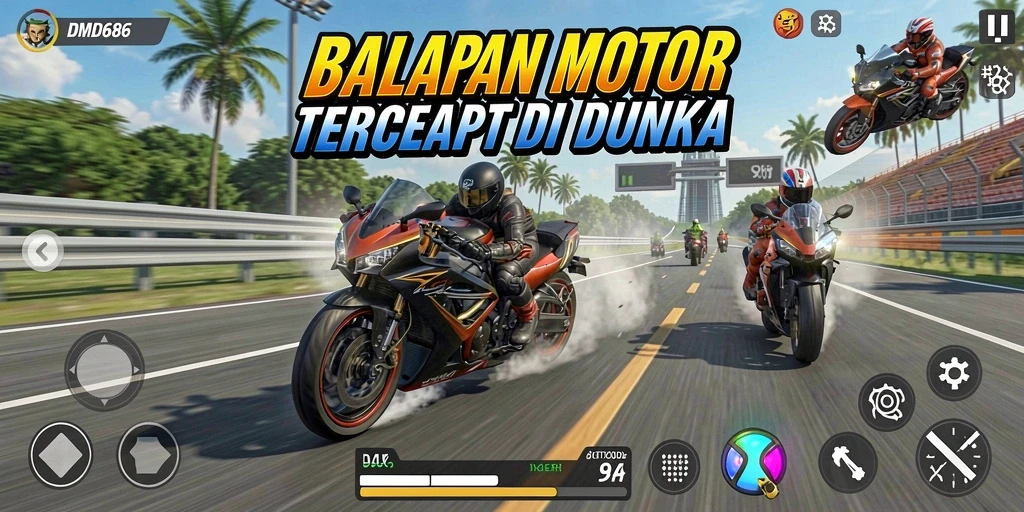 Gameplay DMD686 yang mendebarkan dengan balapan motor yang cepat.