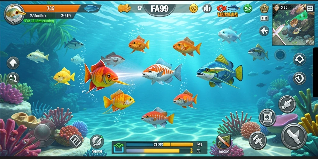 Tampilan gameplay seru dari FA99 yang menembak ikan di lautan.