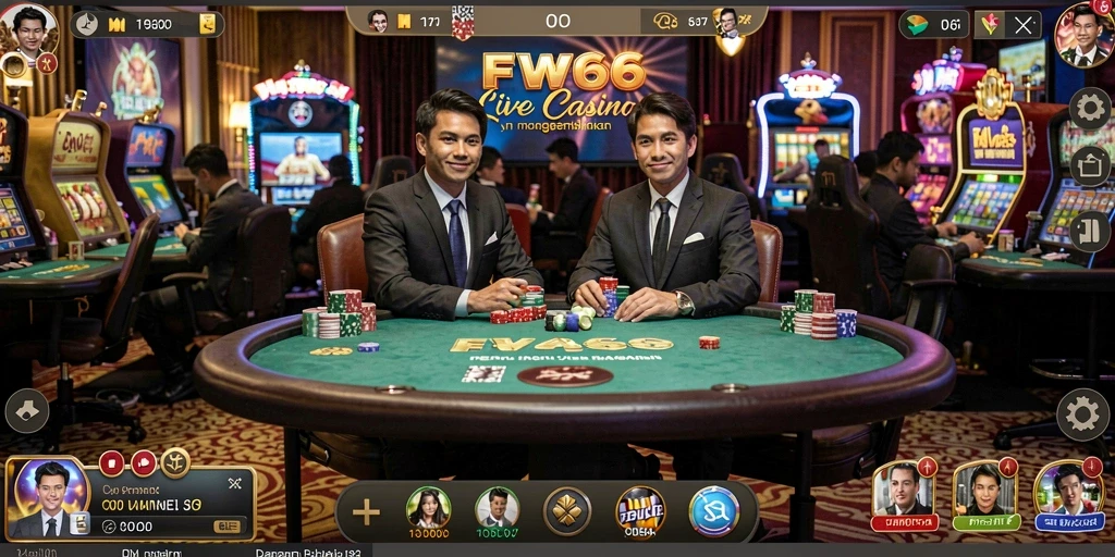Screenshot gameplay FW66 menampilkan dealer profesional dan suasana kasino yang nyata.