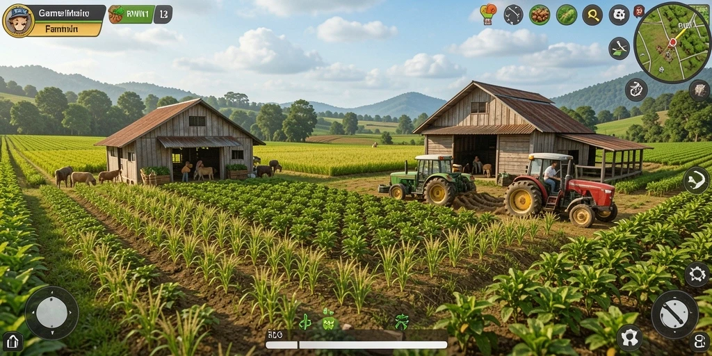 Tampilan gameplay RPWIN1 dengan ladang yang subur dan aktivitas pertanian.