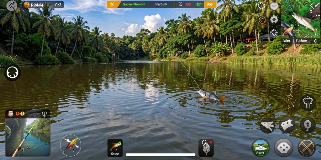 Tampilan gameplay RR44 dengan berbagai lokasi memancing yang menarik.